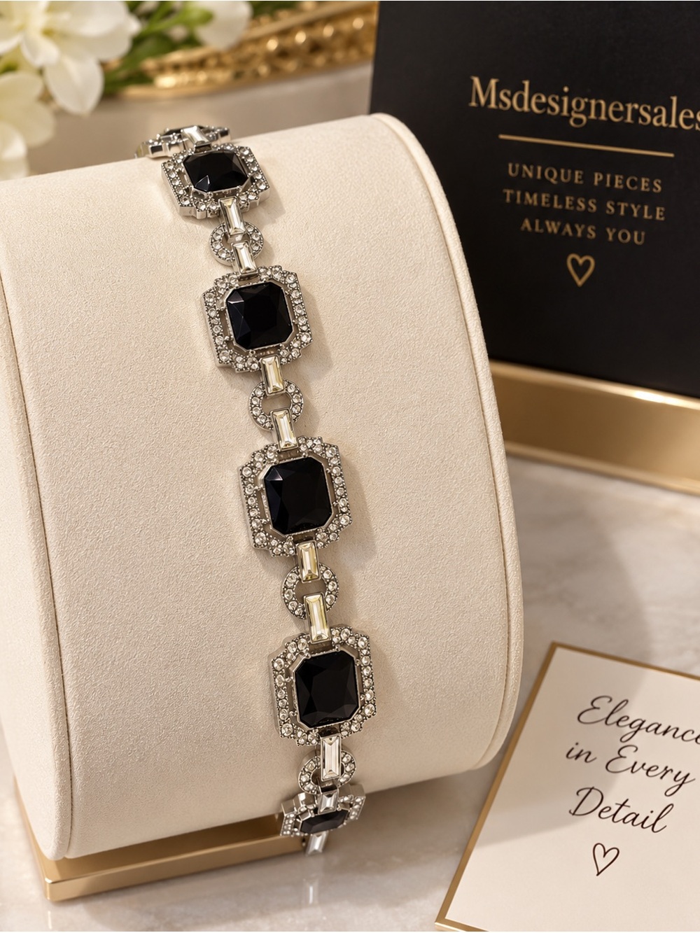 Black Crystal Statement Bracelet - Silver Tone